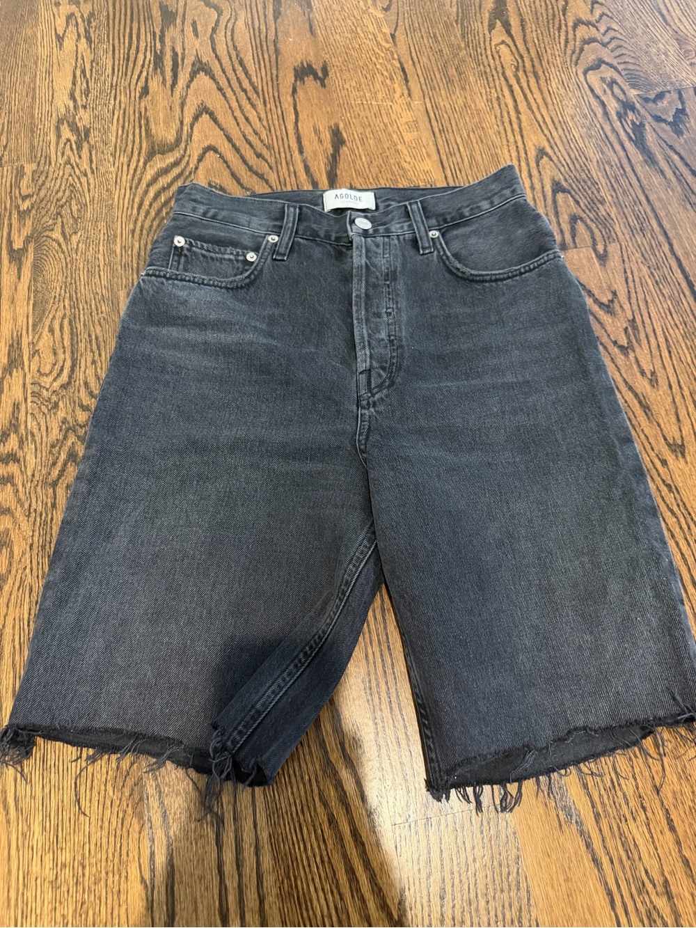Agolde 90’s Washed Black High-Rise Frayed Hem Denim Shorts Jorts